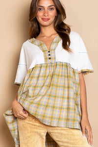 POL Babydoll Top with Thermal and Plaid Fabric in Off White Shirts & Tops POL   