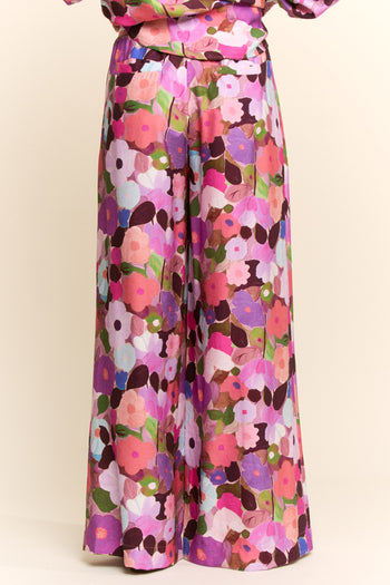 Davi & Dani Floral Print Wide Leg Pants in Berry Pink