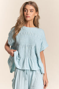 J.nna Solid Color Smocked Top in Celeste Blue