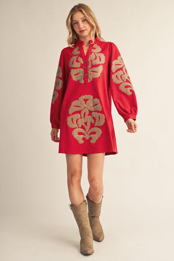 Jodifl Embroidered Faux Leather Applique Dress in Red
