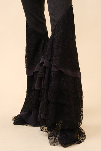 Blue B Denim Jeans with Tiered Lace Flare Legs in Black