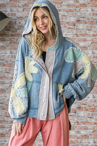 Oli & Hali Washed Daisy Patch Button Up Jacket in Blue ON ORDER Shirts & Tops Oli & Hali   