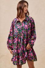 Load image into Gallery viewer, BiBi Floral Print Half Button Front Mini Dress in Navy/Fuchsia
