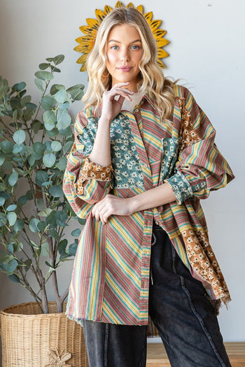 Oli & Hali Mixed Fabric Button Down Top in Honey