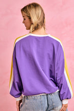 Load image into Gallery viewer, BiBi Gameday Sporty Colorblock Pullover Sweatshirt in Purple Gold
