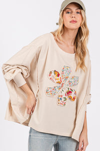 Sage+Fig OVERSIZED Terry Knit Top with Daisy Flower Patch in Oatmeal