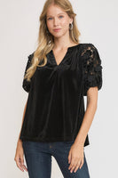 Umgee Velvet Split Neck Top with Lace Sleeves in Black