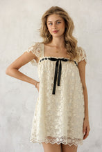 Load image into Gallery viewer, Storia Lace Contrast Ribbon Mini Dress in Cream/Black
