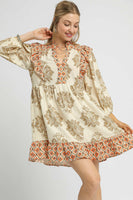 Umgee Damask Print Mini Dress with Ikat Border Print in Latte Mix