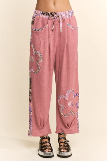 Davi & Dani Textured Knit Pants with Flower Patches in Dusty Rose