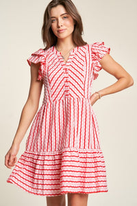 Davi & Dani Solid Geo Striped Button Front Dress in Pink Red Dresses Davi & Dani   