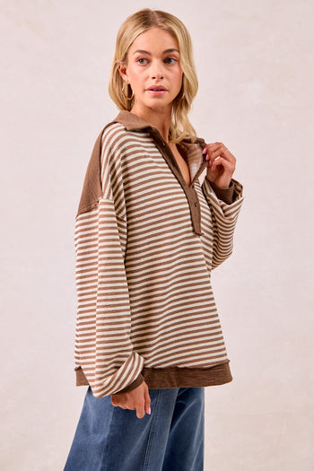 BiBi Mix n Match Slub Knit and Stripes Top in Mocha