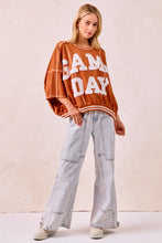 Load image into Gallery viewer, BiBi OVERSIZED French Terry Top with GAME DAY Letter Patchwork Front in Burnt Orange/White
