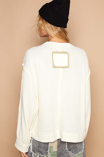 POL OVERSIZED Thermal Knit Top with Peace Sign Patches in Cream