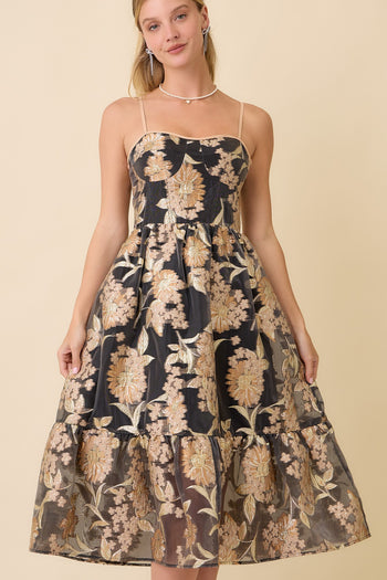 Main Strip Metallic Floral Embossed Midi Dress in Black