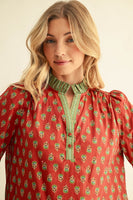 Jodifl Bell Sleeves Ruffle Detail Floral Top in Brick
