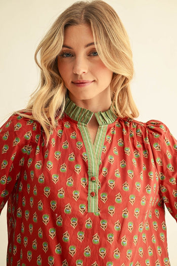 Jodifl Bell Sleeves Ruffle Detail Floral Top in Brick