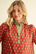 Load image into Gallery viewer, Jodifl Bell Sleeves Ruffle Detail Floral Top in Brick

