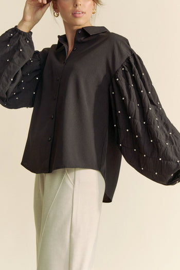 Davi & Dani Solid Color Button Up Top with Stone Embellished Sleeves in Black