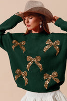 So Me Christmas Ribbon Bow Sequin Sweater in Hunter/Gold