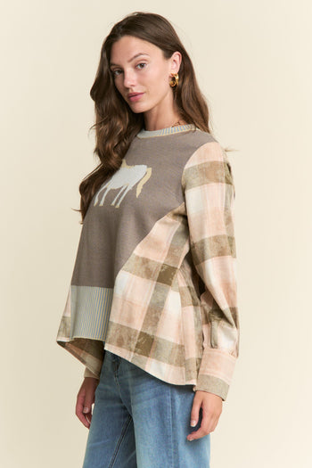 J.nna Knit Horse Print and Contrasting Plaid Top in Olive Combo