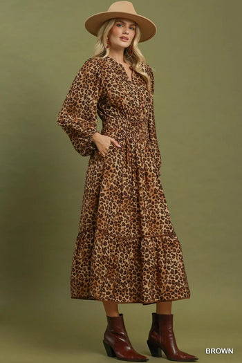 Umgee Leopard Print Smocked Waist Tiered Midi Dress
