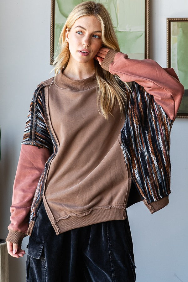 Oli & Hali Mixed Fabric Pullover Sweater Top in Mocha – June Adel