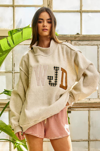 BucketList WWJD Embroidered Mock-neck Oversized Sweatshirt in Ash Grey