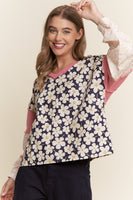 J.nna Mixed Fabric Relaxed Fit Top in Navy Pink