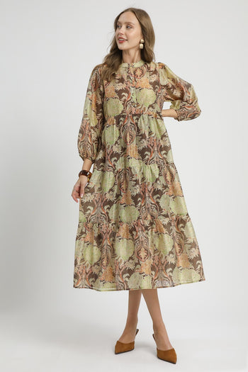 Umgee Lightweight Floral Print Midi Dress in Brown Mix