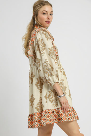 Umgee Damask Print Mini Dress with Ikat Border Print in Latte Mix