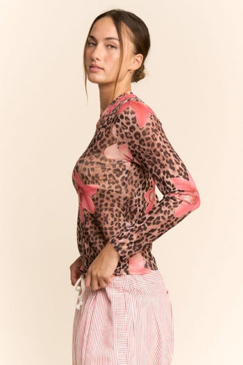 Davi & Dani Sheer Mesh Top in Leopard Floral