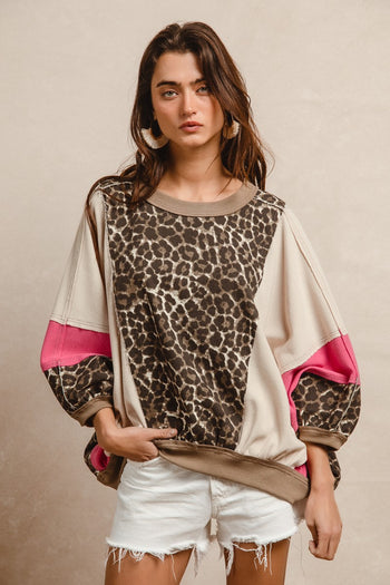 BiBi Oversized Leopard and Mixed Knit Top in Pink/Leopard