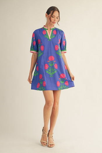 Jodifl Floral Print and Stripe Detail Shift Dress in Blue