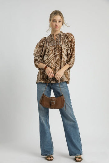 Umgee Mixed Abstract Print Top in Brown Mix