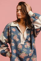 BiBi Floral Print Denim Romper with Contrasting Fabric in Denim **PLEASE REVIEW DESCRIPTION DETAILS ON SIZING**