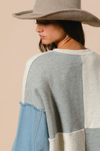 Load image into Gallery viewer, BiBi OVERSIZED Multi Colored Patched Terry Knit Top with Denim Sleeves in Denim/Ivory/Grey
