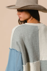 BiBi OVERSIZED Multi Colored Patched Terry Knit Top with Denim Sleeves in Denim/Ivory/Grey