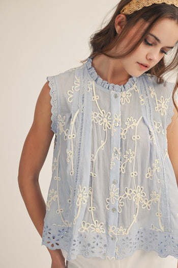 LovLov Blossom Delicate Lace Edged Embroidered Blouse in Ice Blue