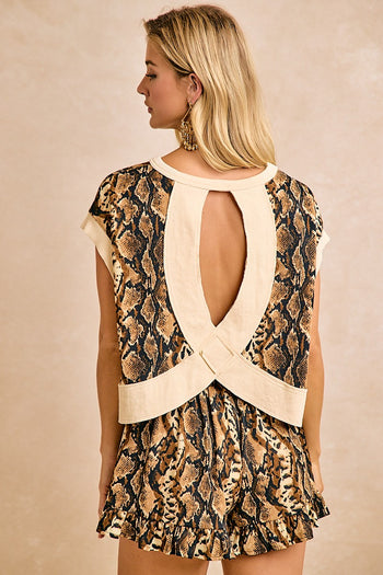 BiBi Animal Printed Criss-Cross Back Detailed Top in Snakeskin/Beige