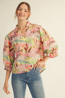 Jodifl Pleated Shoulder Detail Farm Rio Print Top in Pink Mix