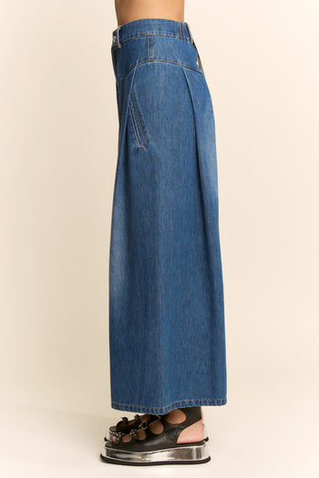 Davi & Dani High Waisted Front Slit Wide Leg Pants in Denim