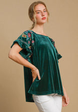 Load image into Gallery viewer, Umgee Velvet Top with Floral Embroidery in Hunter Green
