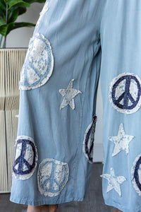 Oli & Hali Smocked Waistband Pants with Peace Sign and Star Patches in Blue