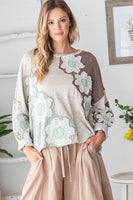 Oli & Hali Contrasting Color Top with Eyelet Lace Flower Patches in Tan