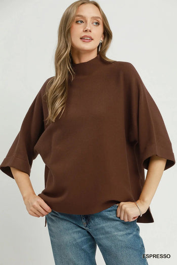 Umgee Mock Neck Dolman Sleeve Sweater Top in Espresso