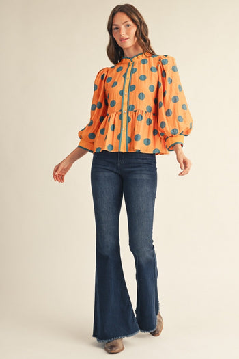 Jodifl Button Down Polka Dot Peplum Top in Orange