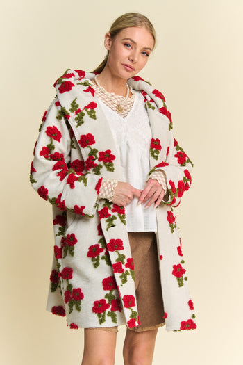 Davi & Dani Chunky Floral Embroidery Hooded Jacket in White