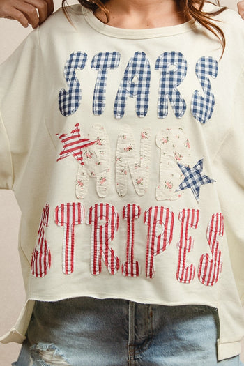BiBi Oversized French Terry Top with Stars and Stripes Patchwork in Cream