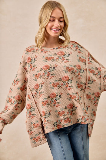 BiBi OVERSIZED Floral Print Waffle Knit Top in Taupe ON ORDER